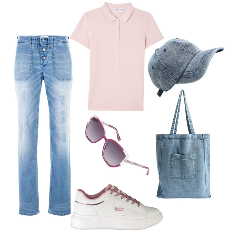 Outfit donna - Un must have: la polo !. Stile Casual per Tutti i giorni. Abbinamento con jeans boyfriend, shopping bag, cappelli, polo, sneakers, occhiali da sole.