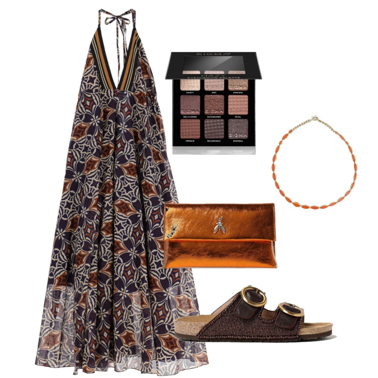 Outfit donna - Spritz. Stile Casual chic per Mare. Abbinamento con ombretti, vestiti lunghi, collane, clutch, sandali gioiello.