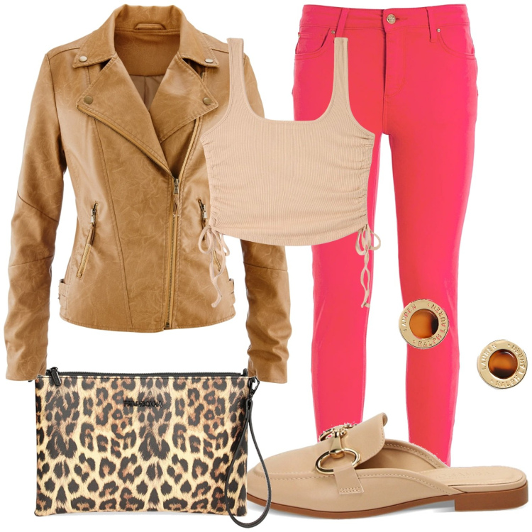 Outfit donna - Maculato la sera. Stile Chic per Mare. Abbinamento con blazer, canottiere, jeans, sabot, valigie, orecchini.