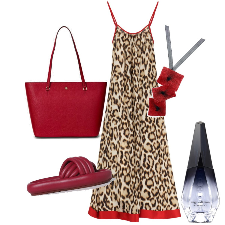 Outfit donna - L’abito animalier. Stile Glamour per Mare. Abbinamento con ciondoli, profumi, vestiti lunghi, borse tote, sandali in pelle.