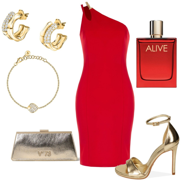 Outfit donna - In rosso. Stile Sexy per Serata fuori. Abbinamento con braccialetti, orecchini, profumi, vestiti asimmetrici, sandali col tacco, clutch.