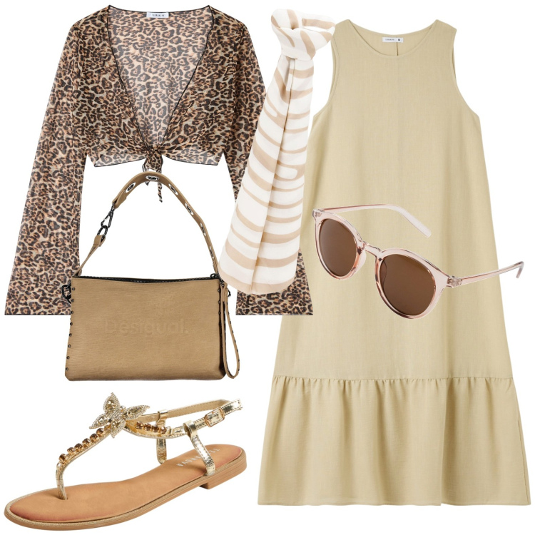 Outfit donna - Vestito con balza. Stile Glamour per Tutti i giorni. Abbinamento con occhiali da sole, vestiti lunghi, bolero, sandali gioiello, foulard, borse a spalla.