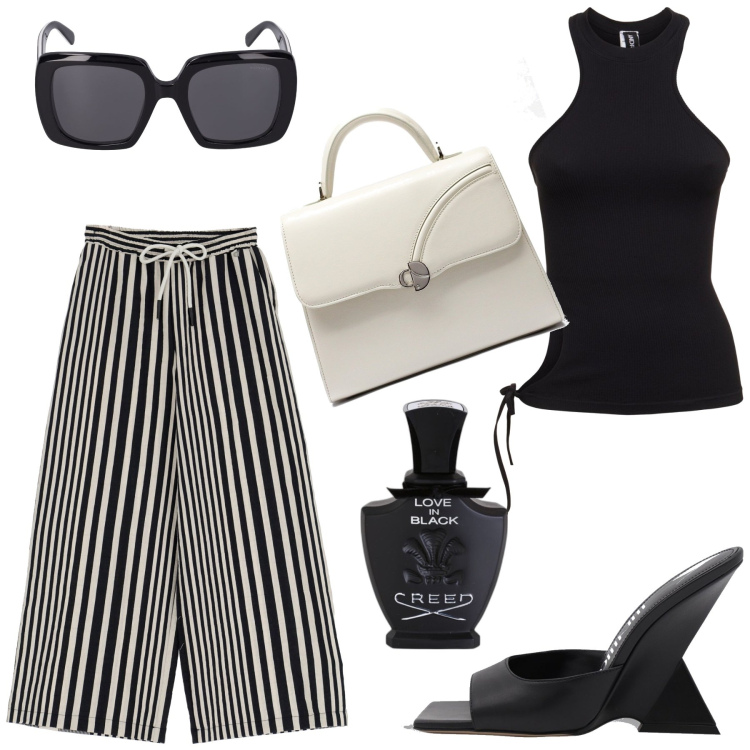 Outfit donna - Total look #1895307. Stile Minimal per Tutti i giorni. Abbinamento con profumi, pantaloni a palazzo, sandali col tacco, occhiali da sole, borse a mano, canottiere.