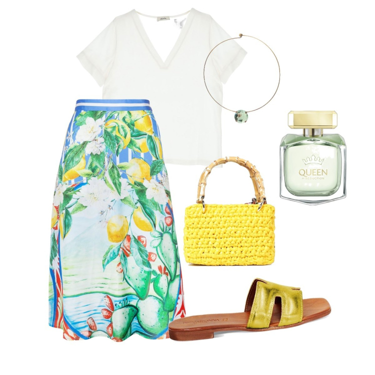 Outfit donna - Lemon drop. Stile Chic per Mare. Abbinamento con profumi, gonne longuette, sandali in pelle, ciondoli, t-shirt, pochette.