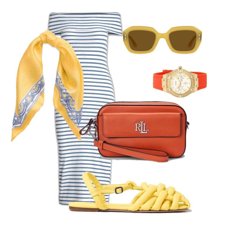 Outfit donna - Giallo e arancione? Pazza!. Stile Bon Ton per Tutti i giorni. Abbinamento con orologi, pochette, vestiti, foulard, occhiali da sole, sandali.