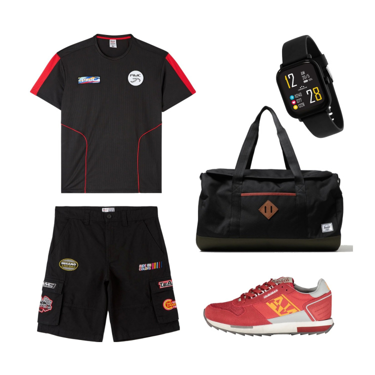 Outfit uomo - Total look #1895328. Abbinamento con orologi, bermuda, t-shirt, scarpe sportive, borse sportive.