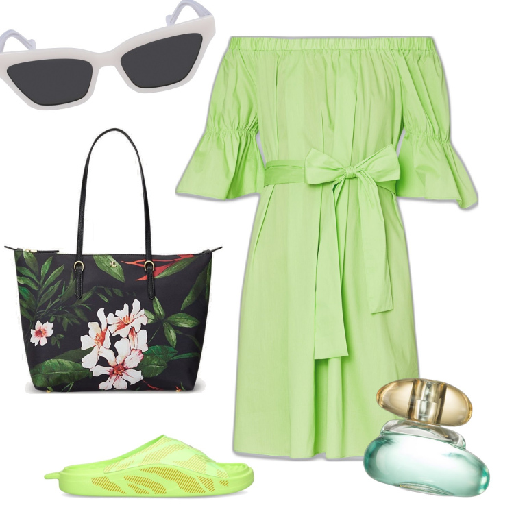 Outfit donna - Fresco total look. Stile Trendy per Tutti i giorni. Abbinamento con profumi, borse tote, vestiti corti, occhiali da sole, sandali.