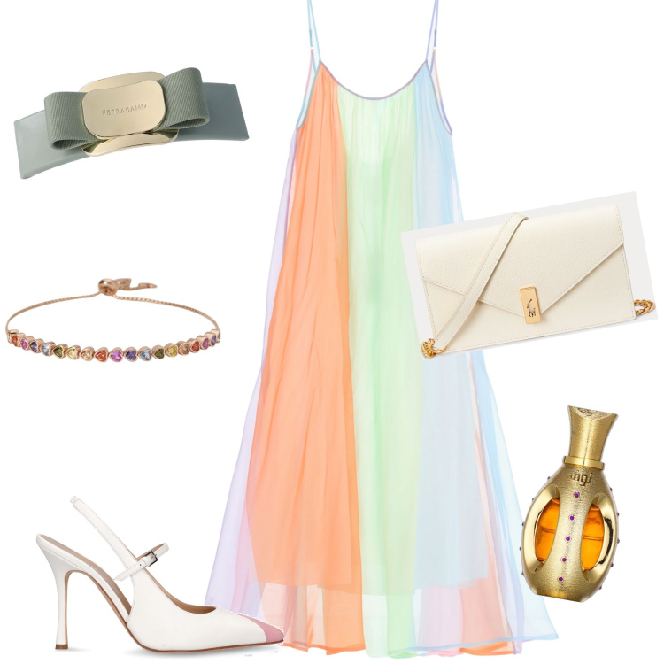 Outfit donna - Rainbow. Stile Chic per Serata fuori. Abbinamento con profumi, braccialetti, vestiti lunghi, clutch, accessori per capelli, décolleté.