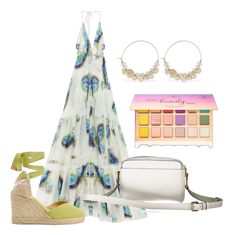 Outfit donna - Ghost outfitter - giugno. Stile Trendy per Tutti i giorni. Abbinamento con ombretti, vestiti lunghi, orecchini, borse a tracolla, espadrillas.