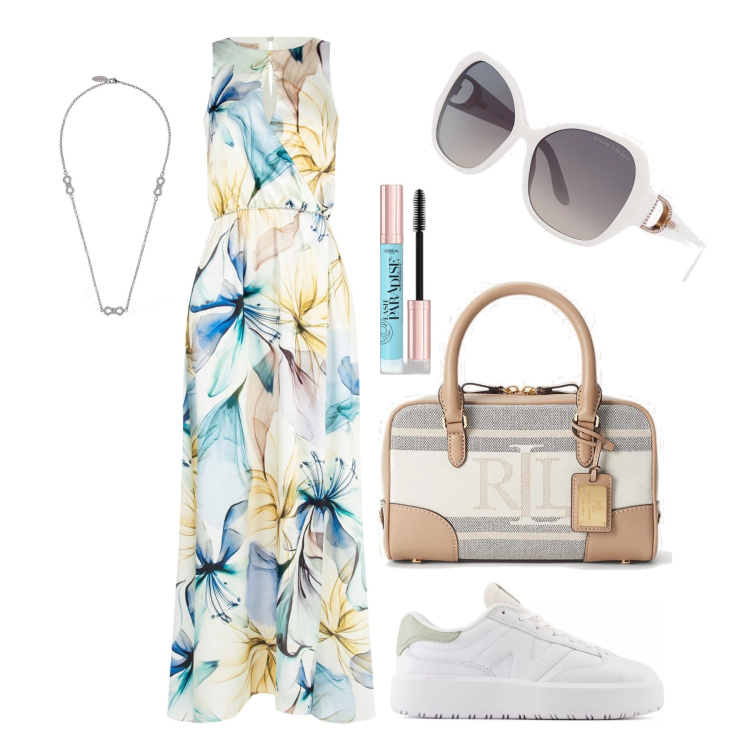 Outfit donna - Ghost outfitter - giugno. Stile Glamour per Tutti i giorni. Abbinamento con mascara, sneakers, vestiti lunghi, occhiali da sole, borse a mano, collane.