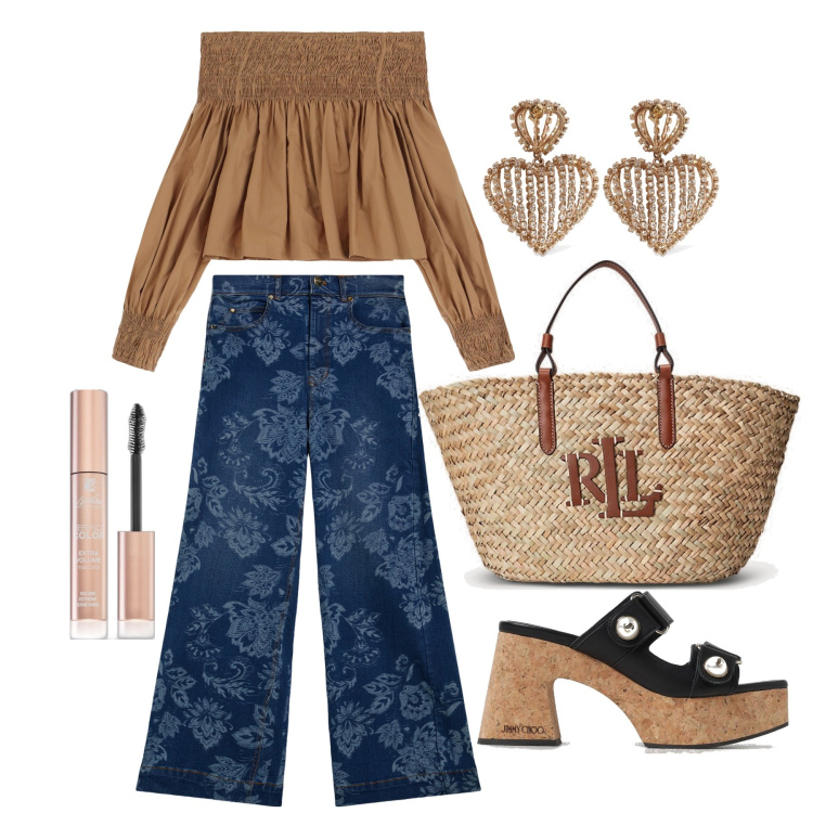 Outfit donna - Ghost outfitter - giugno. Stile Trendy per Tutti i giorni. Abbinamento con mascara, jeans, borse tote, bluse, sandali col tacco, orecchini.