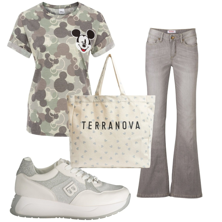 Outfit donna - Total look #1895374. Stile Basic per Tutti i giorni. Abbinamento con jeans bootcut, maglieria, shopping bag, sneakers.