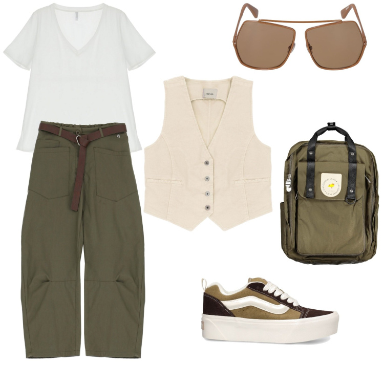 Outfit donna - In viaggio. Stile Mannish per Tutti i giorni. Abbinamento con t-shirt, gilet, pantaloni, zaini, occhiali da sole, sneakers.