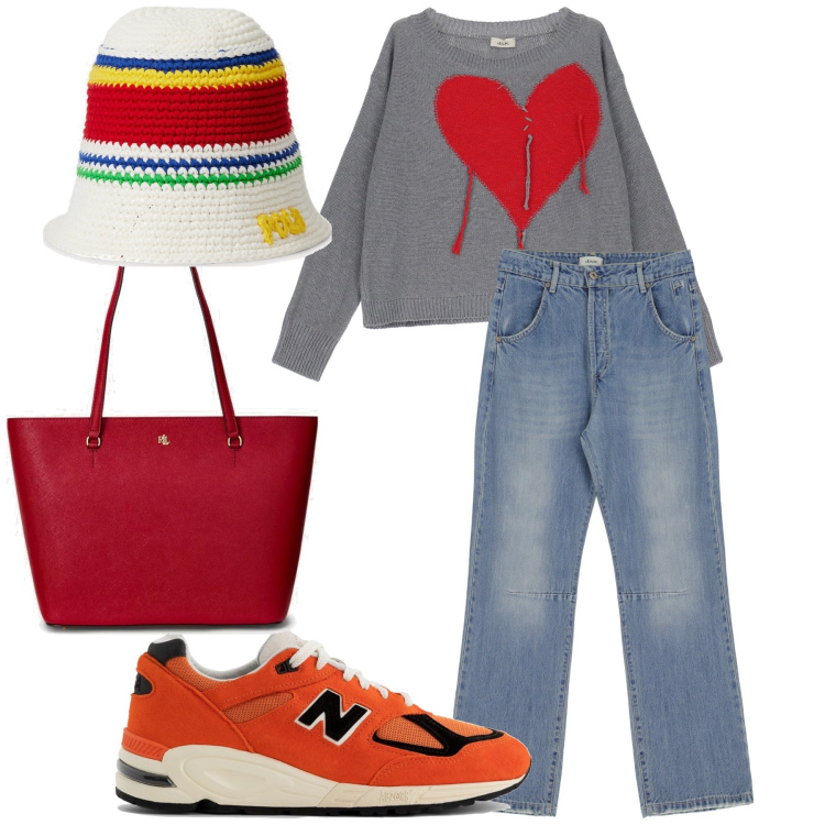 Outfit donna - A tutto cuore. Stile Casual chic per Tutti i giorni. Abbinamento con sneakers, borse tote, cappelli, pullovers, jeans.