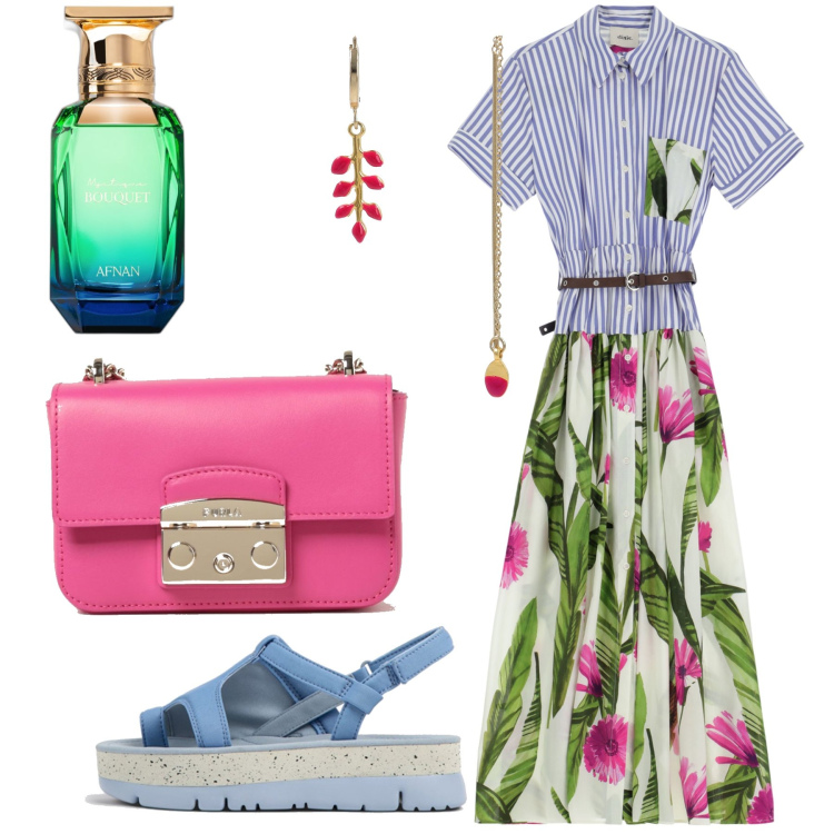 Outfit donna - Street Style a giugno. Stile Urban per Tutti i giorni. Abbinamento con profumi, vestiti lunghi, orecchini, sandali, borse a spalla.