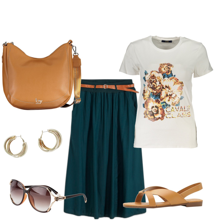 Outfit donna - Total look #1895400. Stile Casual per Ufficio. Abbinamento con gonne lunghe, sandali, occhiali da sole, orecchini, t-shirt, borse a spalla.