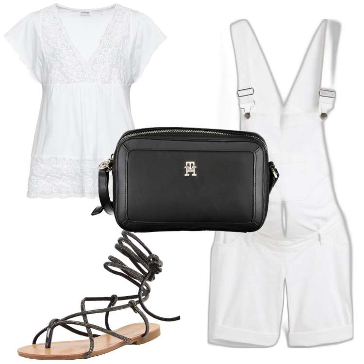 Outfit donna - Total look #1895402. Stile Trendy per Tutti i giorni. Abbinamento con maglieria, salopette, sandali alla schiava, borse a tracolla.