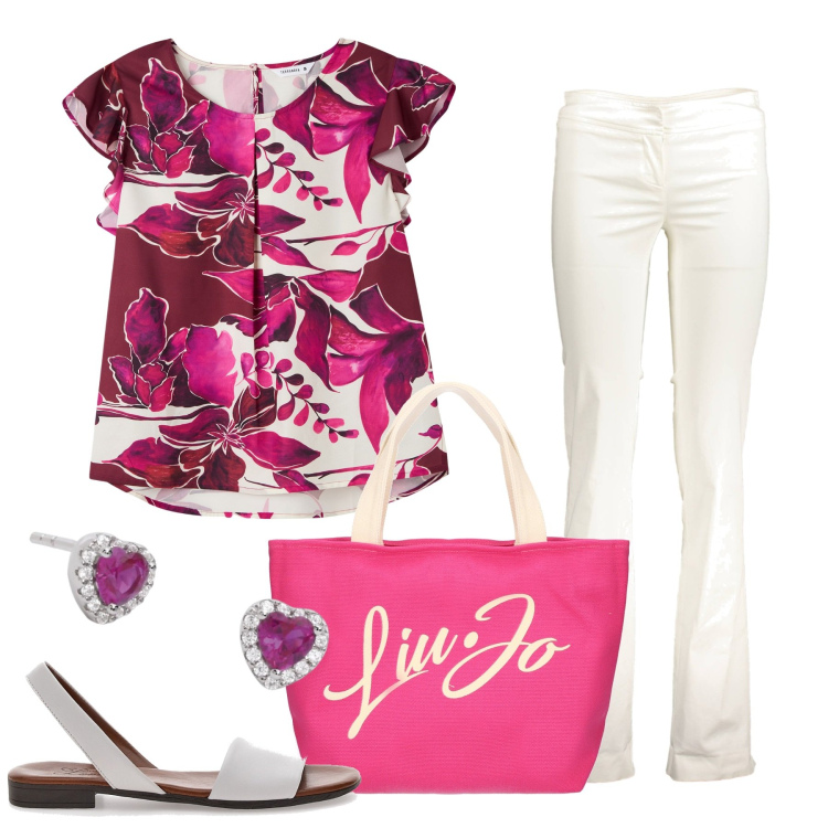 Outfit donna - Tocco di colore. Stile Casual chic per Tutti i giorni. Abbinamento con bluse, orecchini, pantaloni, shopping bag, sandali col tacco.