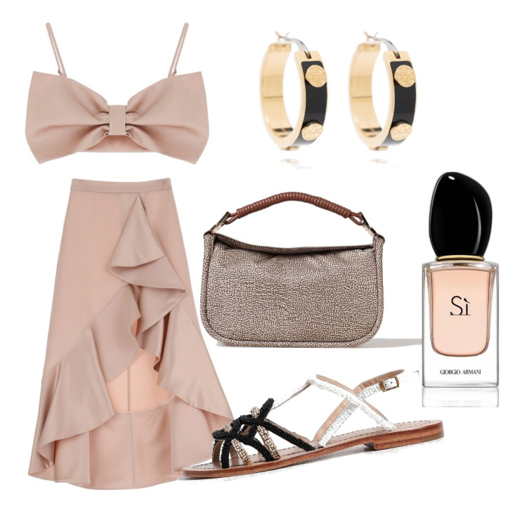 Outfit donna - Aperitivo chic in spiaggia. Stile Chic per Mare. Abbinamento con orecchini, profumi, gonne longuette, top, borse a spalla, sandali gioiello.