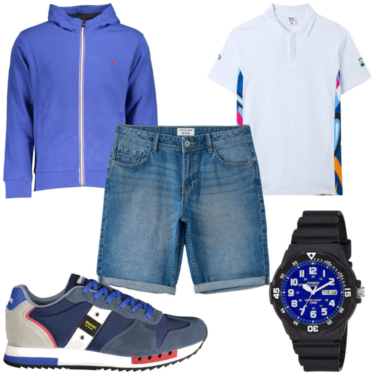 Outfit uomo - Total look #1895449. Stile Trendy per Tutti i giorni. Abbinamento con orologi, polo, bermuda, felpe con cappuccio, sneakers.