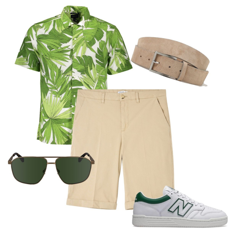 Outfit uomo - Passeggiata sul lungomare. Stile Trendy per Mare. Abbinamento con bermuda, sneakers, camicie a manica corta, cinture, occhiali da sole.