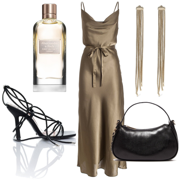 Outfit donna - Abito in satin. Stile Glamour per Serata fuori. Abbinamento con profumi, vestiti lunghi, sandali alla schiava, borse a mano, orecchini.