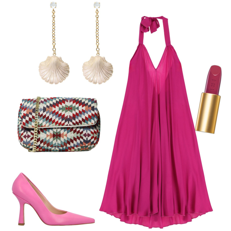 Outfit donna - Chic serata al mare. Stile Chic per Serata fuori. Abbinamento con rossetti, vestiti lunghi, pochette, orecchini, décolleté.