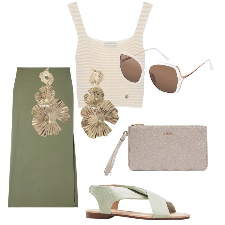Outfit donna - Buongiorno. Stile Trendy per Tutti i giorni. Abbinamento con sandali, occhiali da sole, gonne lunghe, maglieria, orecchini, pochette.