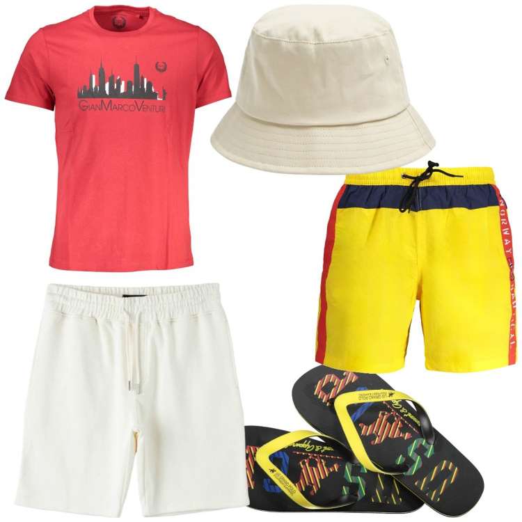Outfit uomo - Total look #1895486. Stile Trendy per Mare. Abbinamento con cappelli, pantaloni corti, t-shirt, sandali, costumi.