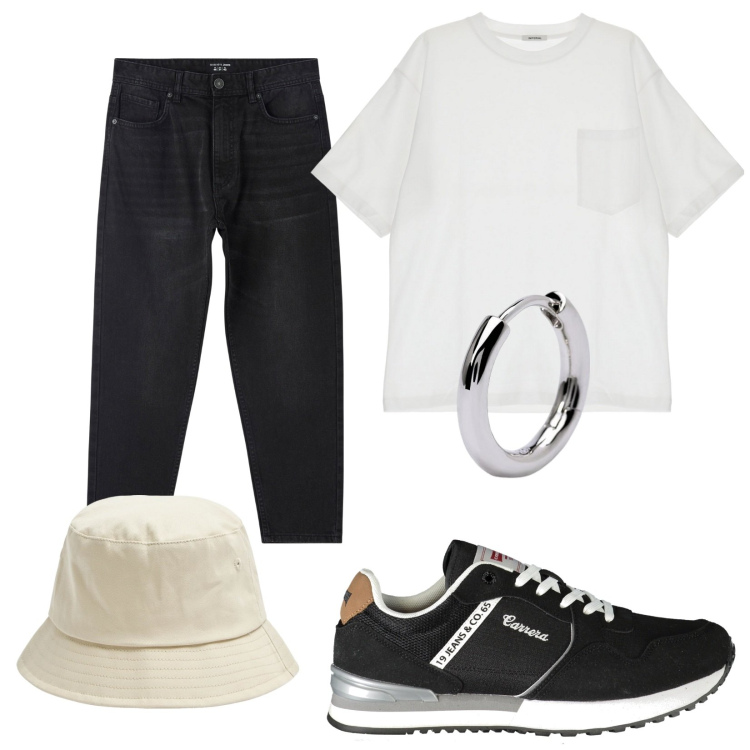 Outfit uomo - Total look #1895487. Stile Urban per Tutti i giorni. Abbinamento con cappelli, jeans, orecchini, t-shirt, sneakers.