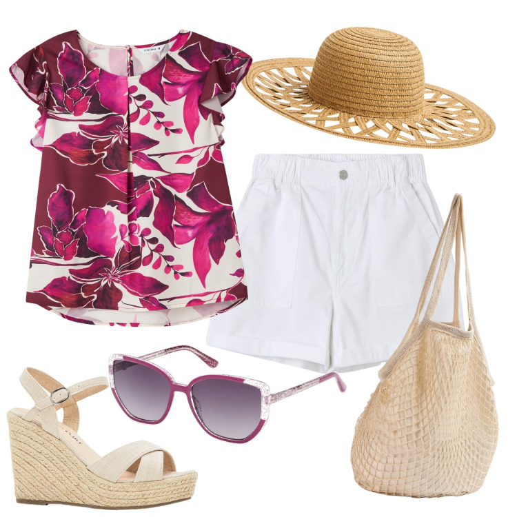 Outfit donna - Shorts bianchi anche di giorno. Stile Casual per Tutti i giorni. Abbinamento con sandali, bluse, borse a spalla, shorts, cappelli, occhiali da sole.