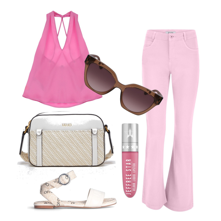 Outfit donna - Ghost outfitter - giugno. Stile Trendy per Tutti i giorni. Abbinamento con rossetti, top, jeans a zampa, borse a tracolla, occhiali da sole, sandali.