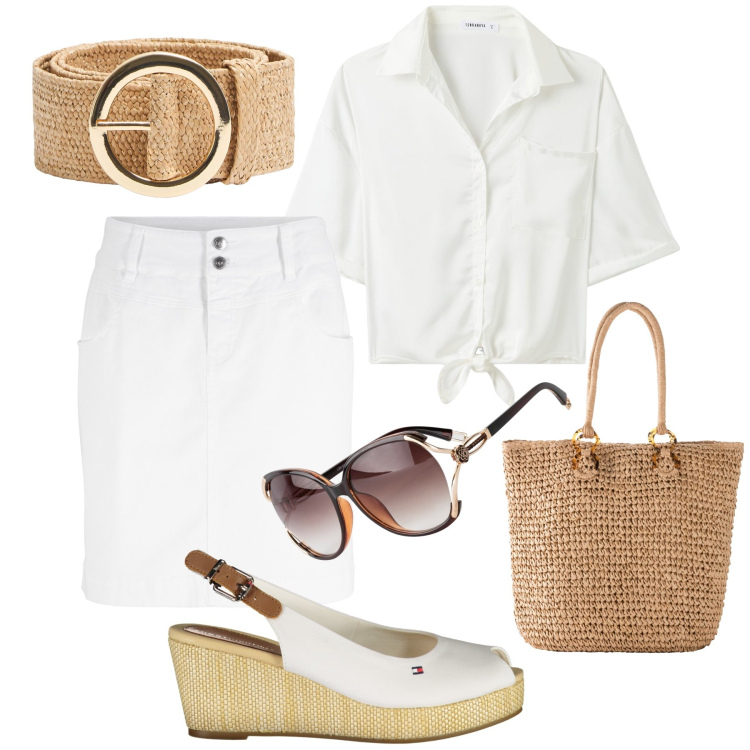 Outfit donna - A fare la spesa. Stile Trendy per Tutti i giorni. Abbinamento con minigonne, occhiali da sole, shopping bag, cinture, camicie a manica corta, sandali col tacco.