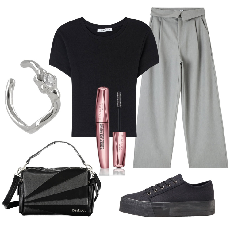 Outfit donna - Basica. Stile Basic per Tutti i giorni. Abbinamento con sneakers, mascara, pantaloni, t-shirt, borse a spalla, orecchini.