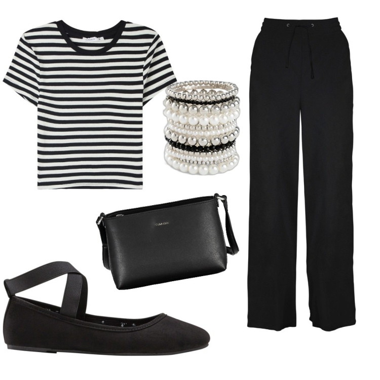 Outfit donna - Come Mademoiselle Coco Chanel. Stile Casual chic per Tutti i giorni. Abbinamento con pantaloni a palazzo, braccialetti, ballerine, t-shirt, borse a tracolla.