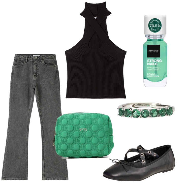 Outfit donna - Total look #1895530. Stile Trendy per Tutti i giorni. Abbinamento con smalti, ballerine, jeans, top, anelli, pochette.