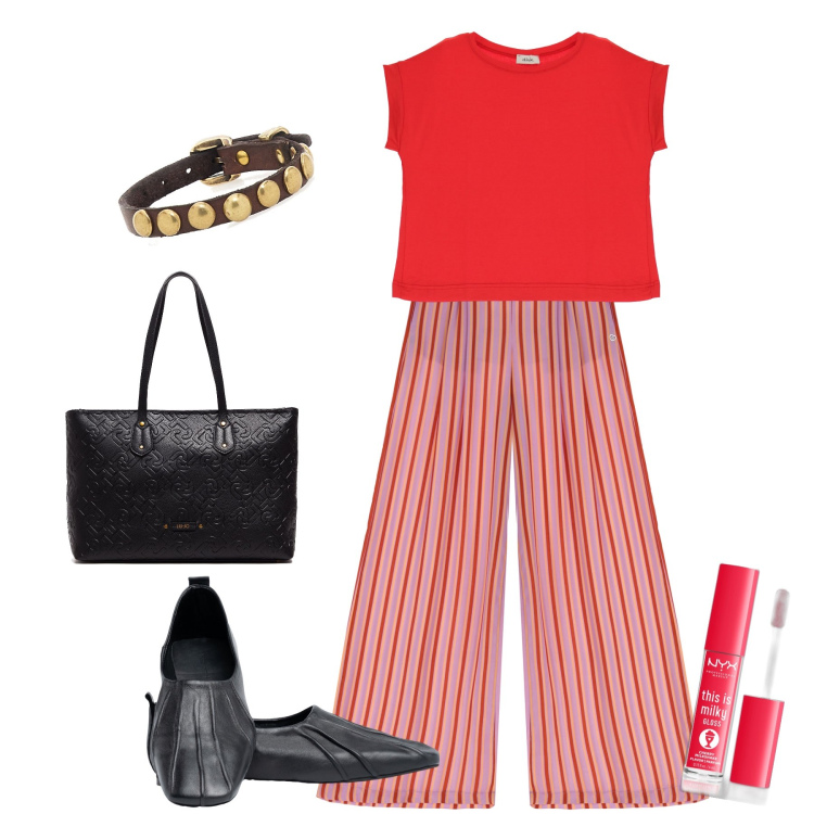 Outfit donna - In giro per la città. Stile Basic per Tutti i giorni. Abbinamento con braccialetti, gloss, pantaloni a palazzo, t-shirt, ballerine, shopping bag.