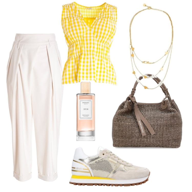 Outfit donna - Total look #1895546. Stile Casual per Ufficio. Abbinamento con collane, profumi, pantaloni, top, sneakers, shopping bag.