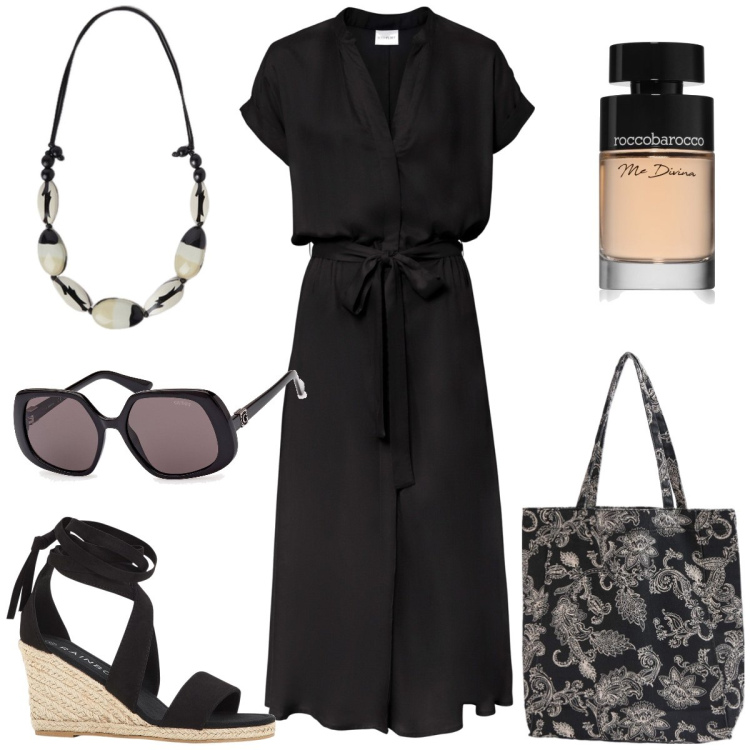 Outfit donna - Black is black. Stile Basic per Tutti i giorni. Abbinamento con vestiti chemisier, sandali, profumi, shopping bag, occhiali da sole, collane.