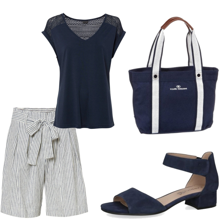 Outfit femme - Juin 2024 : élégante en bermuda. Style Bon Ton pour Tous les jours. Assortir avec t-shirts, bermuda, sacs à main, sandales à talon.