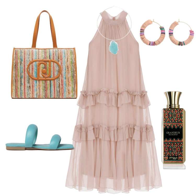 Outfit donna - Boho. Stile Boho per Serata fuori. Abbinamento con orecchini, profumi, vestiti lunghi, ciondoli, sandali in pelle, shopping bag.