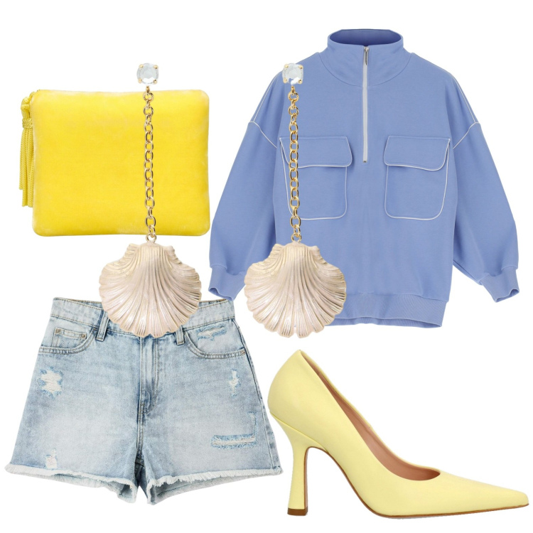 Outfit donna - Sporty e decollete. Stile Casual per Tutti i giorni. look ideale per Petite. Abbinamento con shorts, felpe, orecchini, pochette, décolleté.