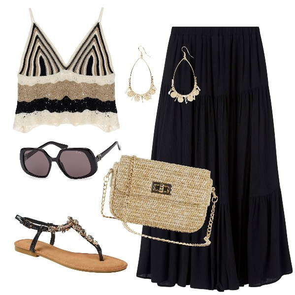 Outfit donna - Nero e beige. Stile Etnico per Tutti i giorni. Abbinamento con borse a mano, gonne lunghe, sandali gioiello, top, orecchini, occhiali da sole.