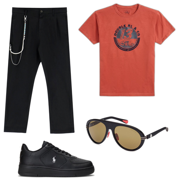 Outfit uomo - Urban per serata fuori. Stile Urban per Serata speciale. Abbinamento con pantaloni, sneakers, t-shirt, occhiali da sole.