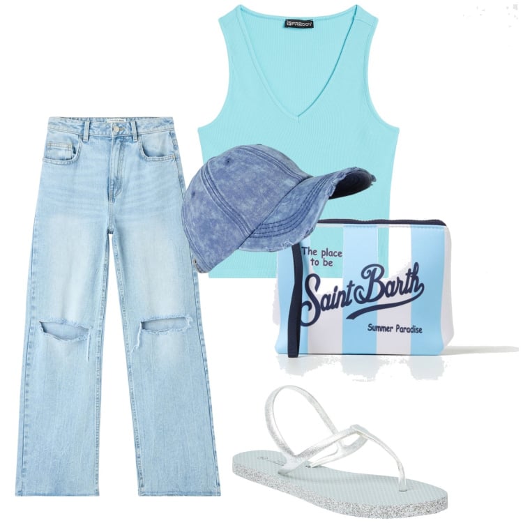 Outfit donna - Estate. Stile Casual per Tutti i giorni. Abbinamento con jeans strappati, sandali, top, berretti, pochette.