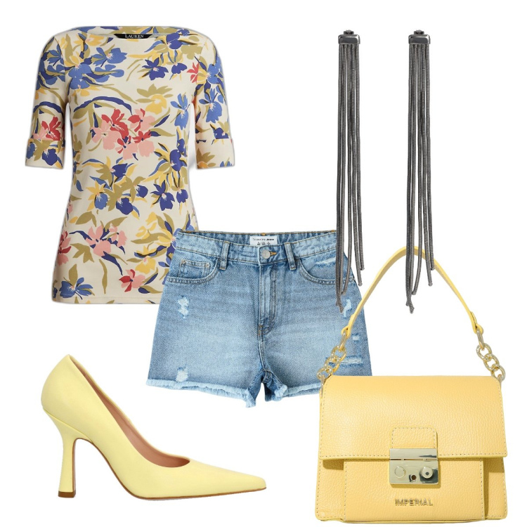 Outfit donna - Total look #1895629. Stile Sexy per Serata fuori. Abbinamento con shorts, pochette, maglieria, orecchini, décolleté.