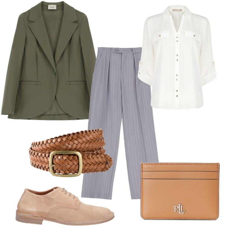 Outfit donna - Total look #1895633. Stile Mannish per Tutti i giorni. Abbinamento con cinture, scarpe stringate, camicie, pantaloni, blazer, portafogli.