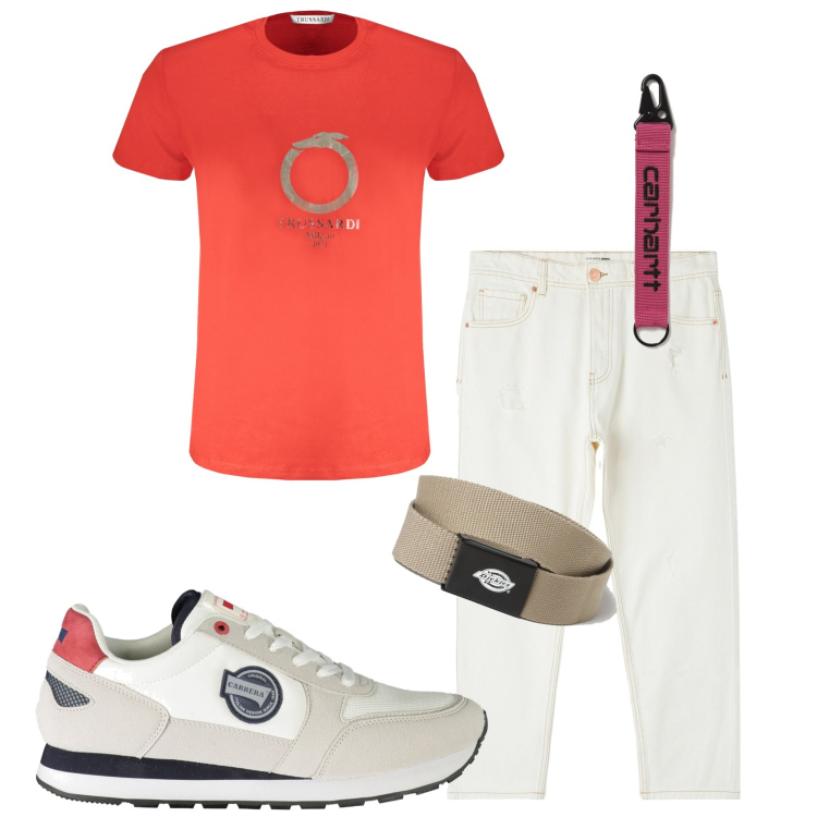Outfit uomo - Tutti i giorni. Stile Casual per Tutti i giorni. Abbinamento con jeans strappati, t-shirt, cinture, portachiavi, sneakers.