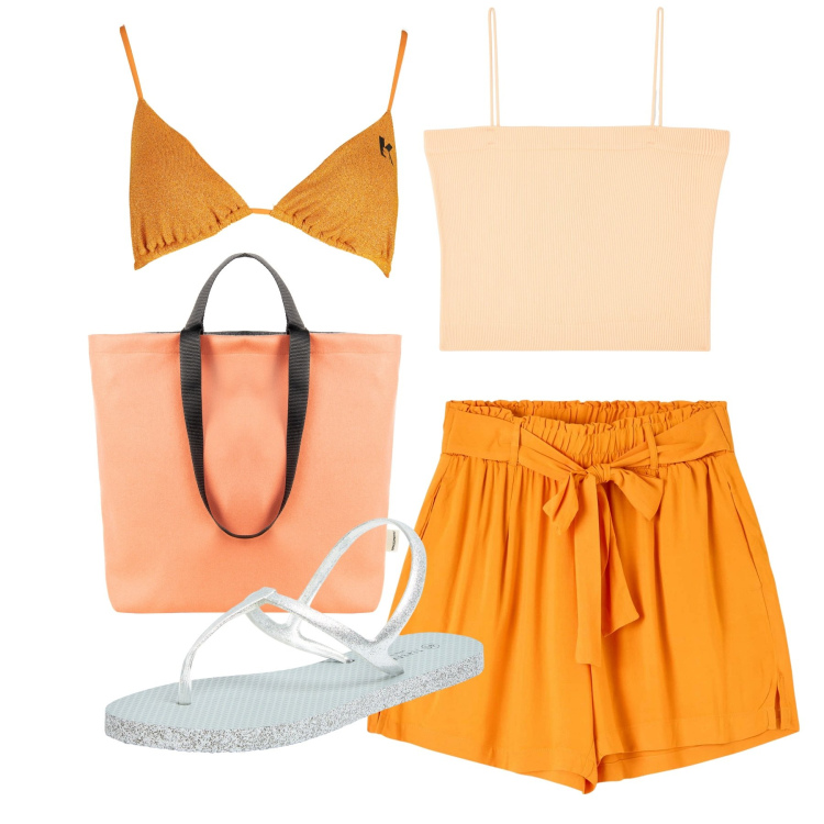 Outfit donna - Mare. Stile Basic per Mare. Abbinamento con shorts, sandali, canottiere, borse tote, costumi.