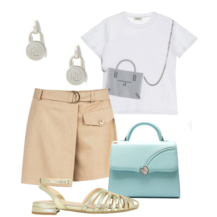 Outfit donna - Portafogli. Stile Bon Ton per Tutti i giorni. Abbinamento con shorts, t-shirt, sandali in pelle, orecchini, borse a mano.